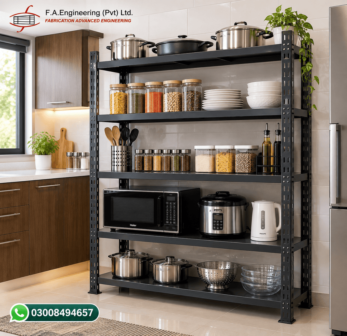 Black heavy duty kitchen rack holding appliances, cookware, and pantry jars in a home kitchen.