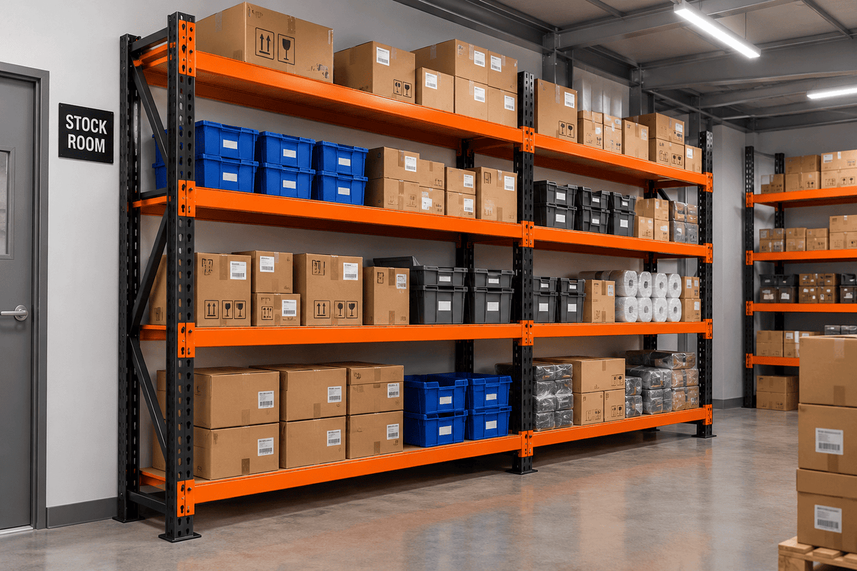 Black and orange heavy duty material storage rack filled with boxes in a stockroom.