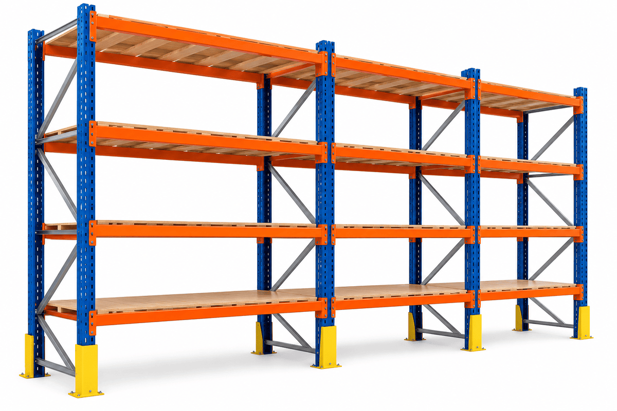Blue and orange heavy duty pallet rack with wooden pallet shelves and yellow corner protectors against a plain white background.
