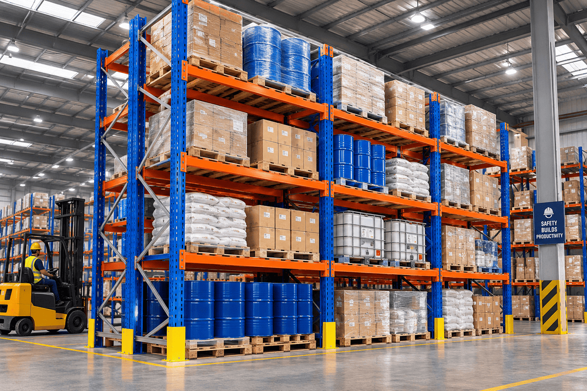 A large warehouse aisle with tall blue and orange industrial shelving filled with palletized boxes and blue barrels. A yellow forklift is visible on the left, and a warehouse pillar sign appears on the right.