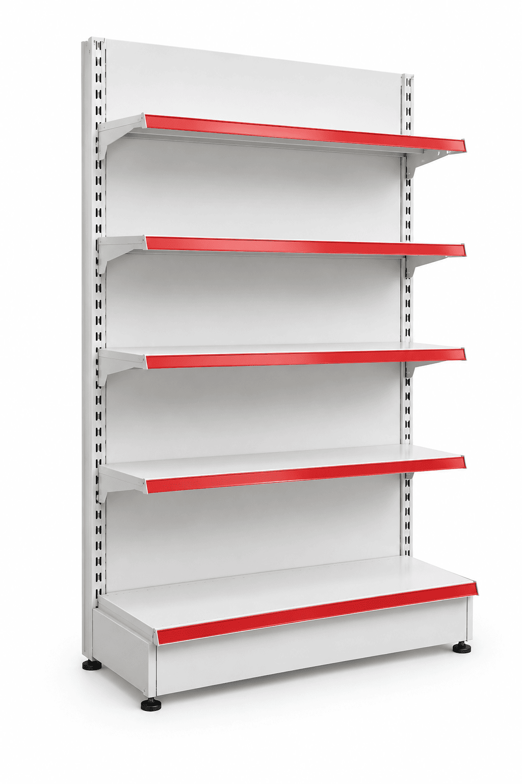 A five-tier white metal retail display shelf with bright red shelf edge strips, shown on a clean white background.