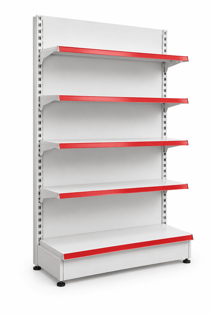 A five-tier white metal retail display shelf with bright red shelf edge strips, shown on a clean white background.