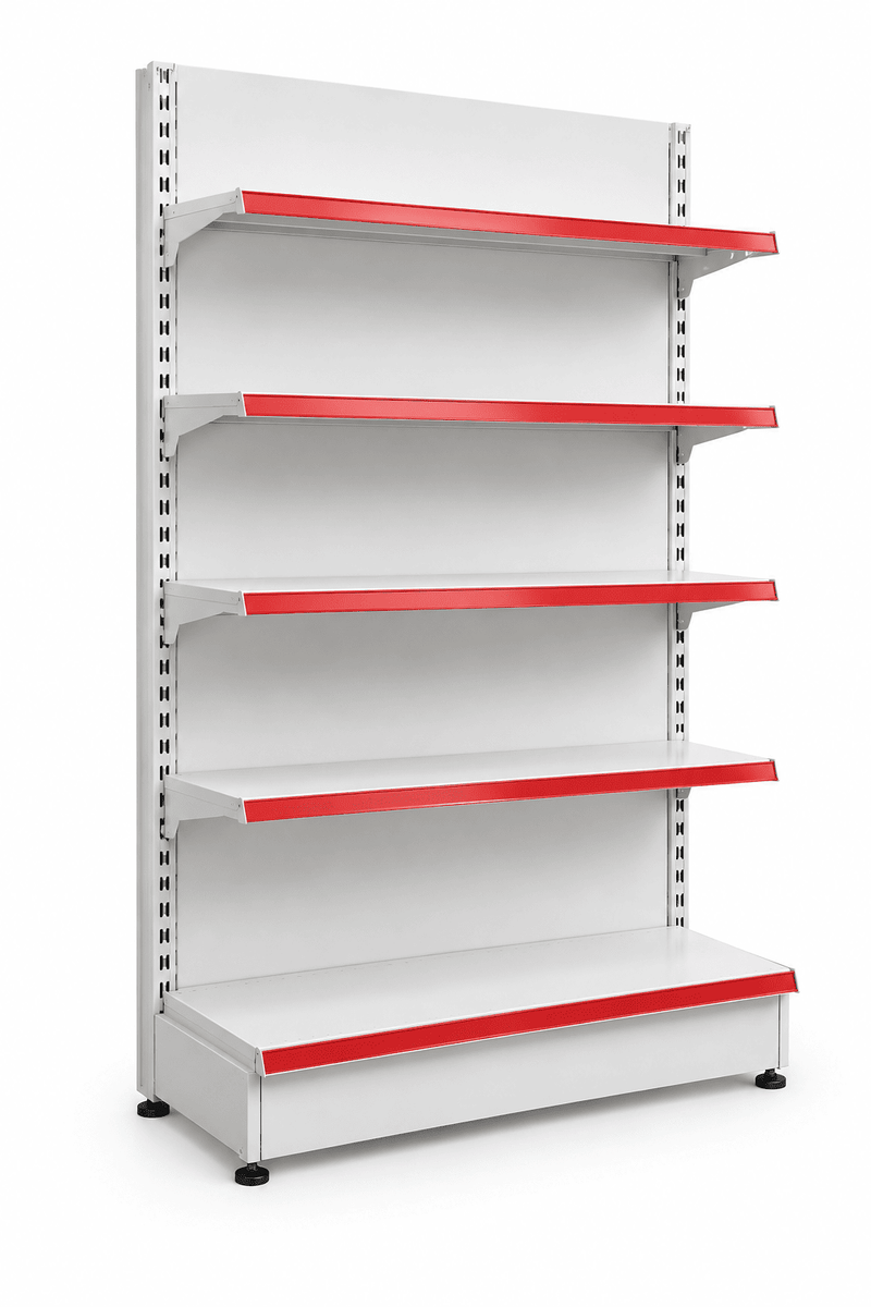 A five-tier white metal retail display shelf with bright red shelf edge strips, shown on a clean white background.