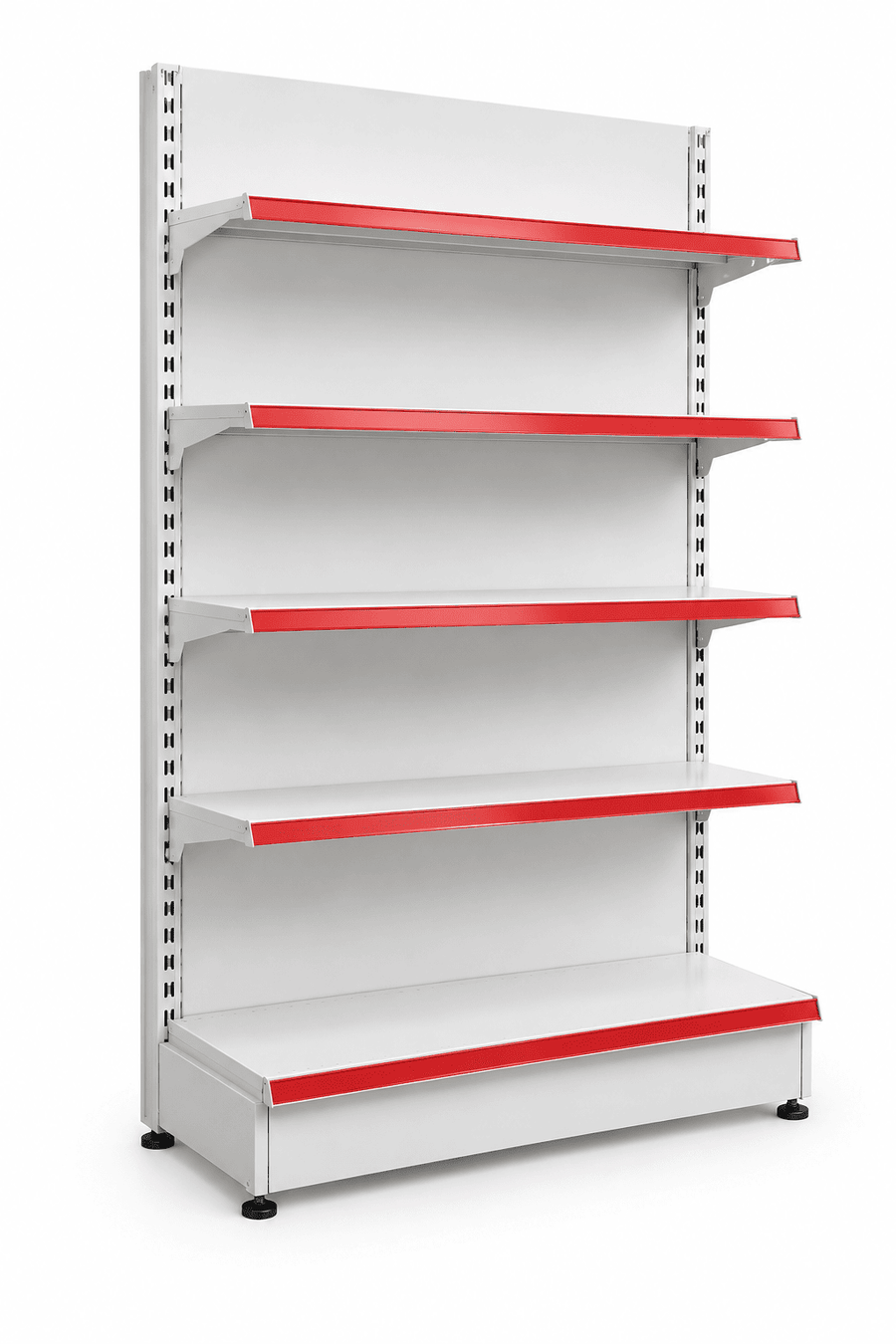 A five-tier white metal retail display shelf with bright red shelf edge strips, shown on a clean white background.