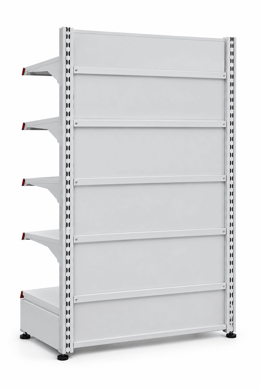 A white metal retail shelving unit with five adjustable shelves, side support rails, and black feet, shown on a plain white background.