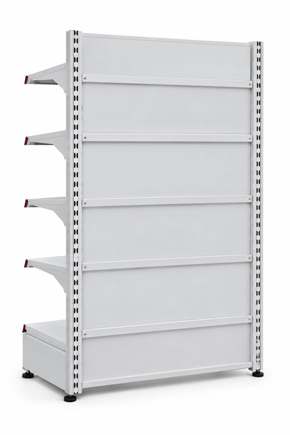 A white metal retail shelving unit with five adjustable shelves, side support rails, and black feet, shown on a plain white background.