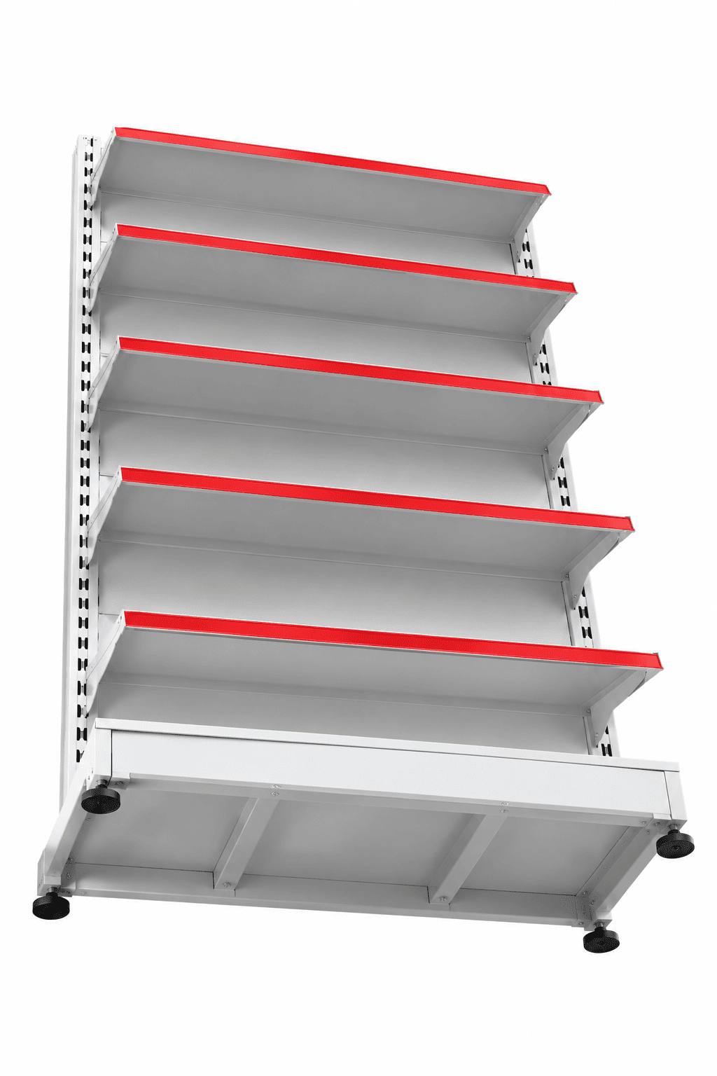 White retail display shelving unit with five red-edged shelves and storage base.
