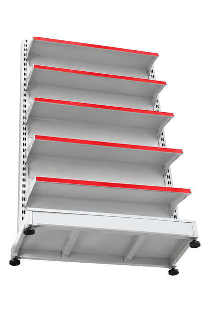 White retail display shelving unit with five red-edged shelves and storage base.