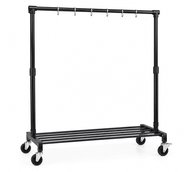 Black industrial-style rolling garment rack with hanging rod, hooks, bottom shelf, and caster wheels