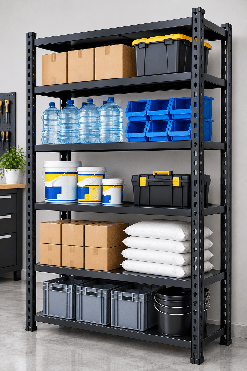 Black metal shelving unit in a garage storing bins, water jugs, boxes, and household supplies.