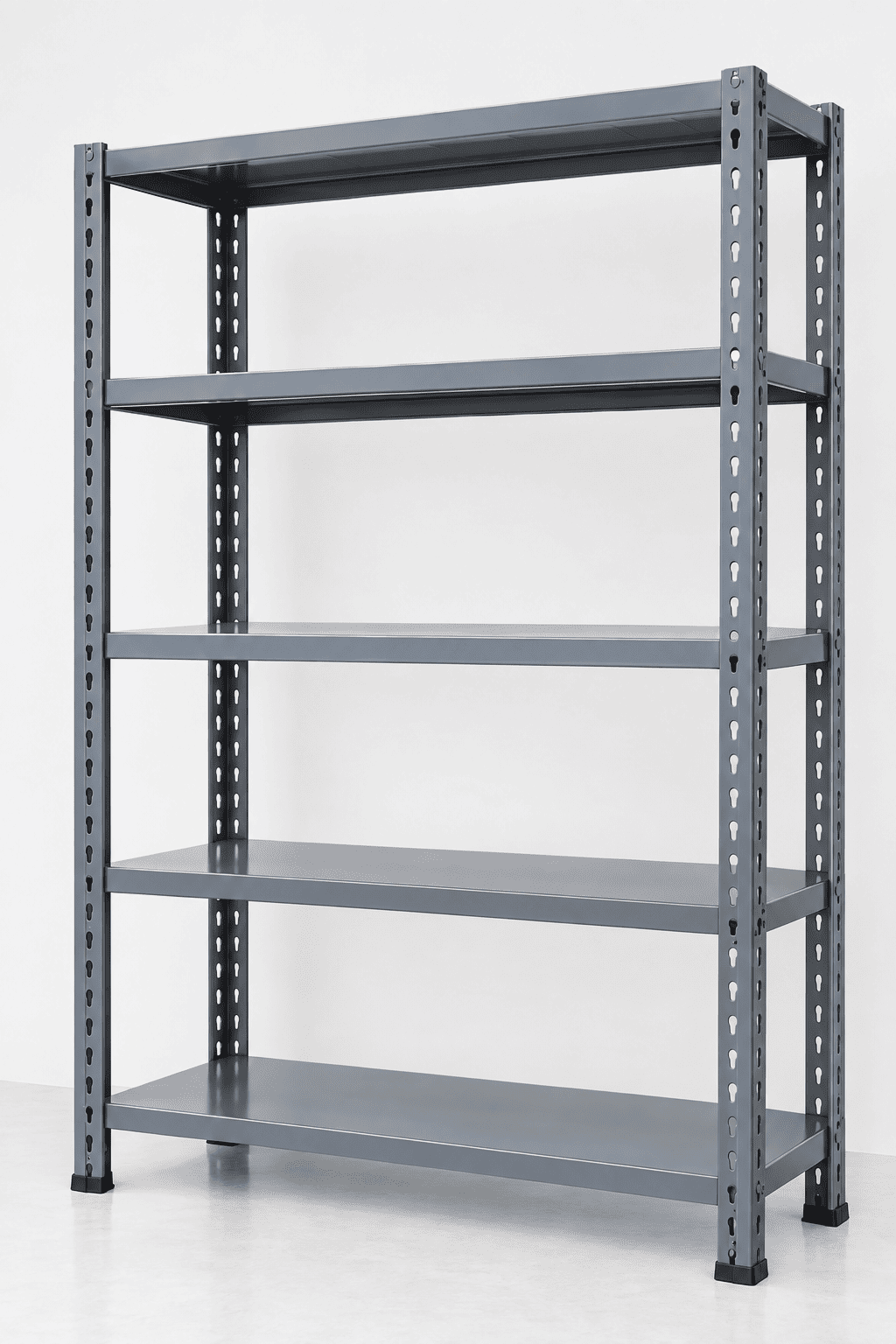 Gray 5-tier adjustable metal shelving unit against a plain white background.