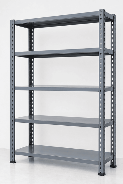 Gray 5-tier adjustable metal shelving unit against a plain white background.