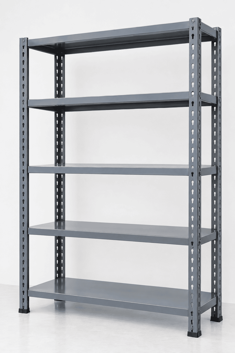 Gray 5-tier adjustable metal shelving unit against a plain white background.