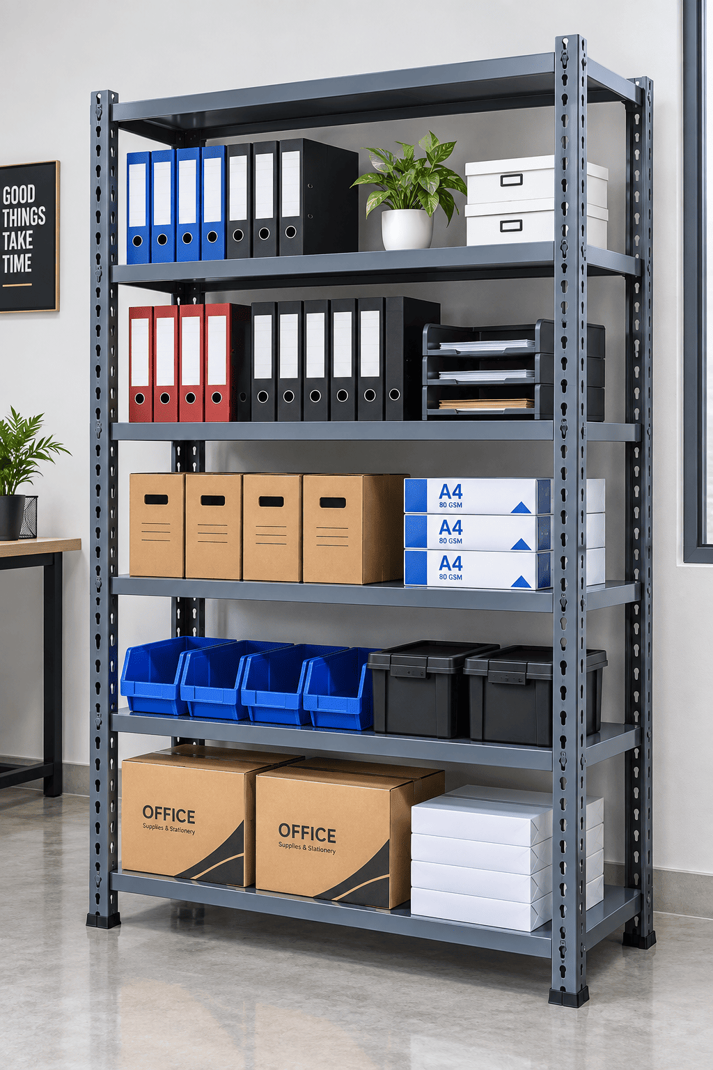 Gray metal shelving unit in an office storing binders, files, storage bins, and office supplies.