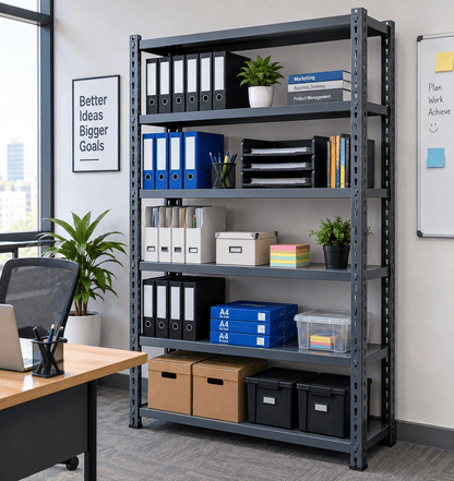 Gray metal shelving unit in an office with a desk, whiteboard, and plants, storing binders and storage boxes.