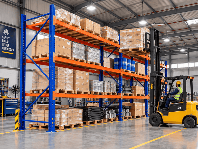 Blue and orange industrial pallet racking in a warehouse, loaded with boxes and pallets, with a forklift operator nearby.