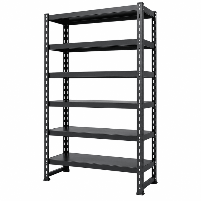 Black 6-tier adjustable metal shelving unit against a plain white background.