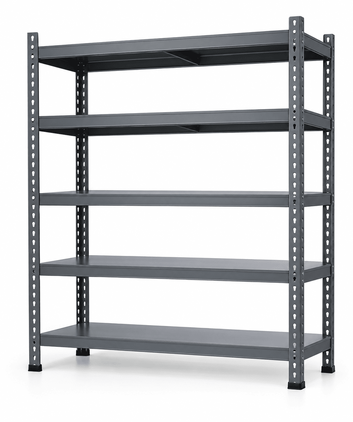 A five-tier gray metal storage shelf with adjustable peg-hole side rails, shown on a plain white background.