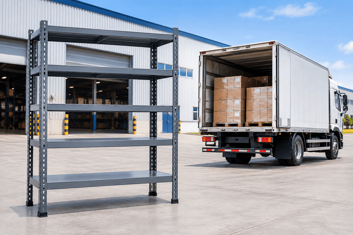 A tall, five-shelf gray metal warehouse rack stands on a concrete lot next to a white box truck loaded with cardboard boxes, with a warehouse building in the background.