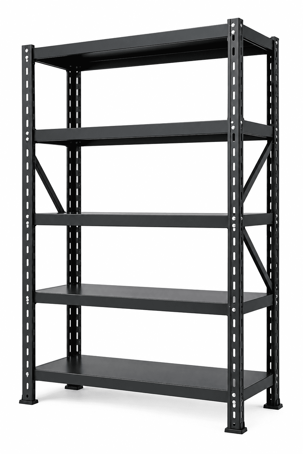 Black 5-tier archive storage rack with cross bracing against a plain white background.
