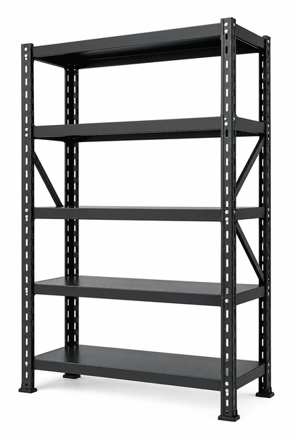 Black 5-tier archive storage rack with cross bracing against a plain white background.