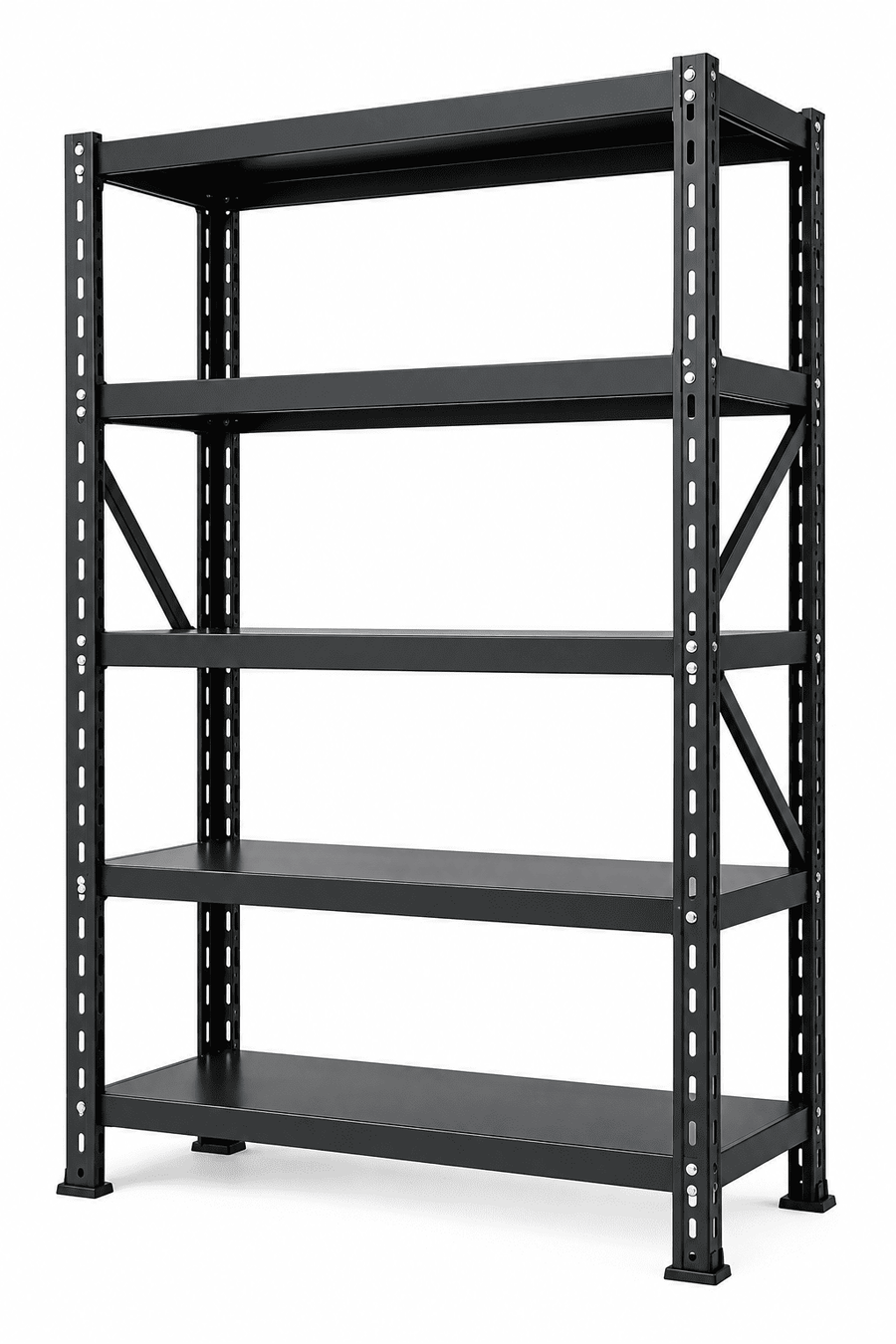 Black 5-tier archive storage rack with cross bracing against a plain white background.