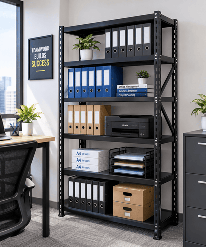 Black archive storage rack in an office holding binders, files, and storage boxes.