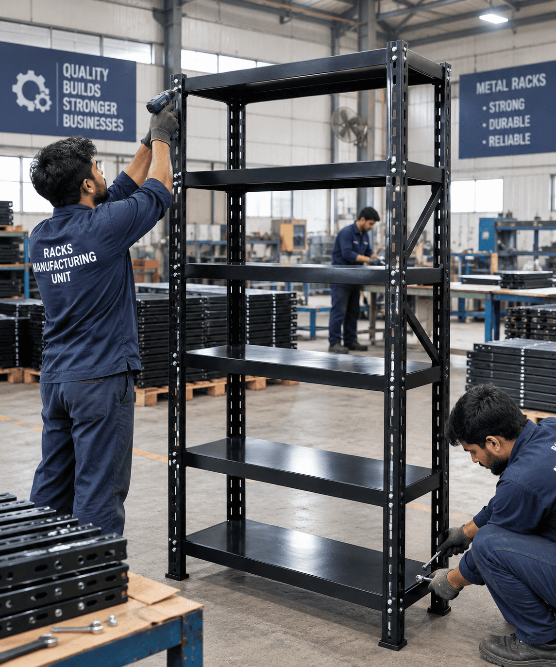 Workers assembling a black archive storage rack in a metal racks manufacturing facility.