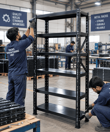 Workers assembling a black archive storage rack in a metal racks manufacturing facility.