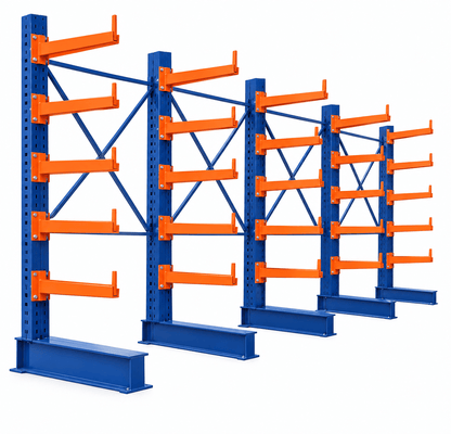 Blue and orange cantilever pallet racks with extending arms against a plain white background.