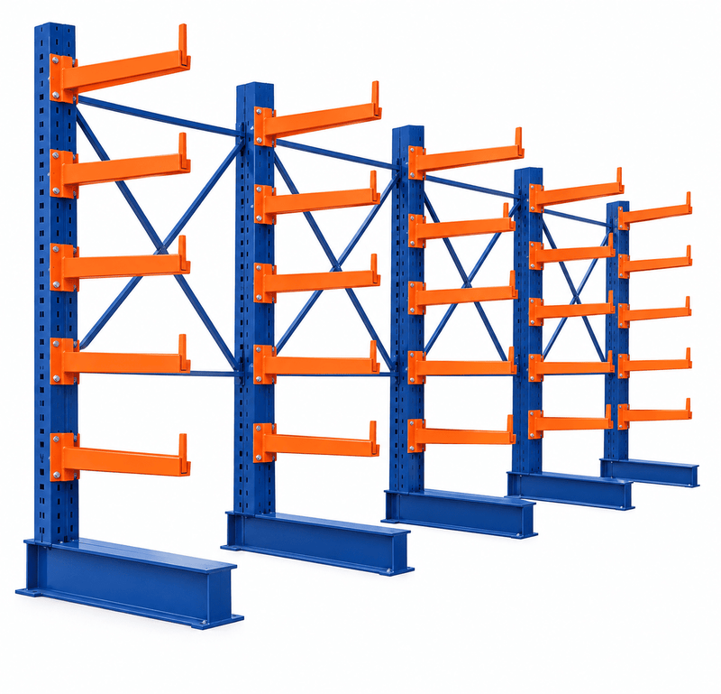 Blue and orange cantilever pallet racks with extending arms against a plain white background.
