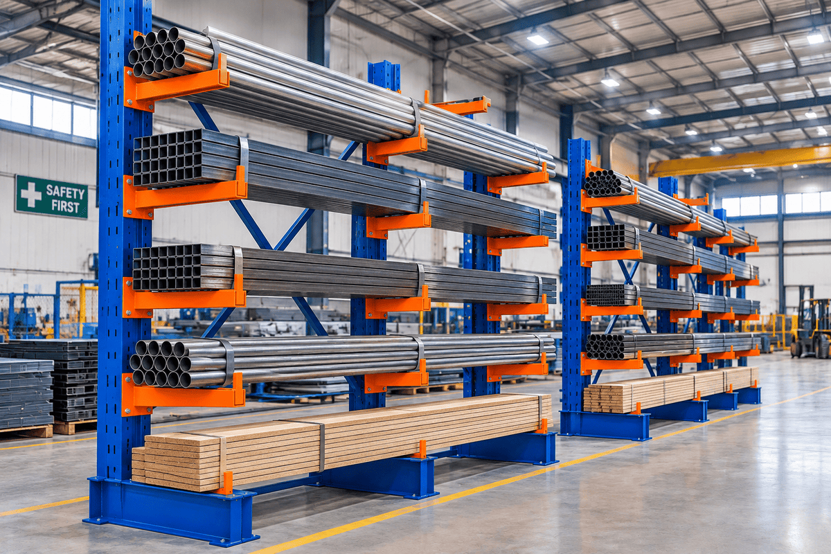 Blue and orange cantilever pallet racks in a warehouse storing metal pipes and wood planks.