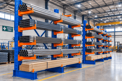Blue and orange cantilever pallet racks in a warehouse storing metal pipes and wood planks.
