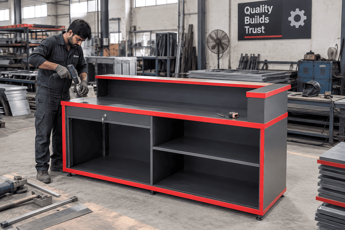 Worker assembling a black and red cash counter rack in a manufacturing workshop.