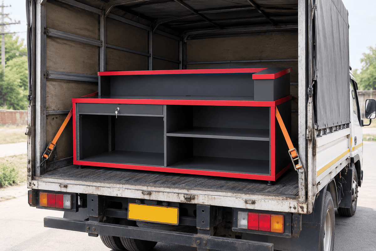 Black and red cash counter rack strapped and secured inside a delivery truck for transport.