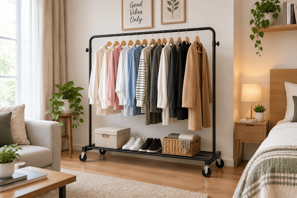 Black clothes hanging rack with hanging garments and bottom shelf in a cozy bedroom.