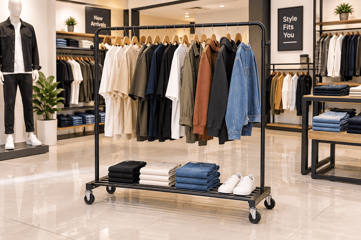 Black clothes hanging rack with hanging garments and folded clothes in a retail store display.