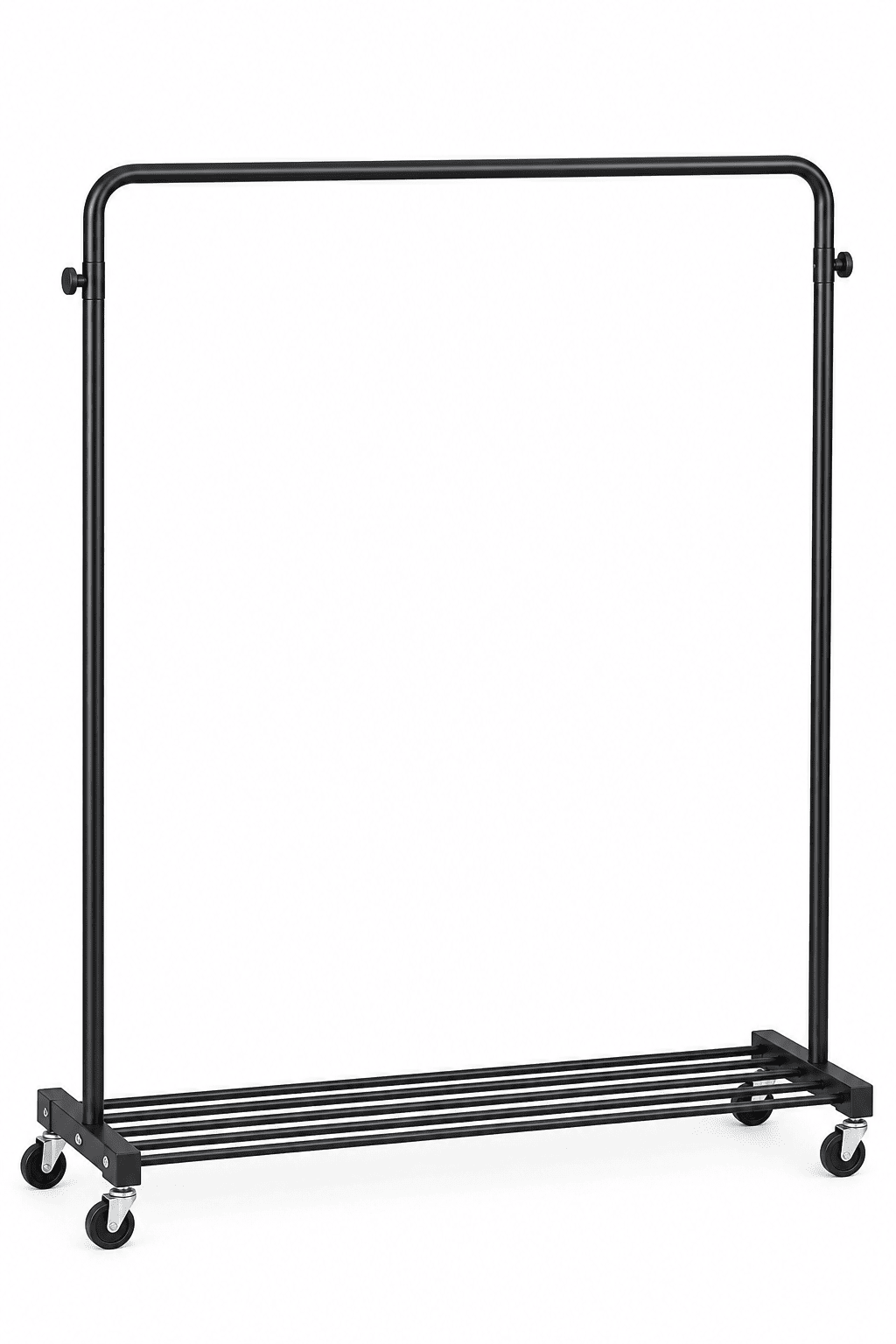 Black rolling clothes hanging rack with bottom shelf and caster wheels against a plain white background.
