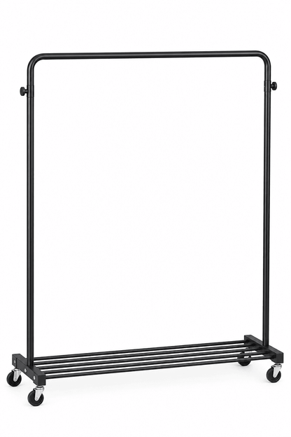 Black rolling clothes hanging rack with bottom shelf and caster wheels against a plain white background.