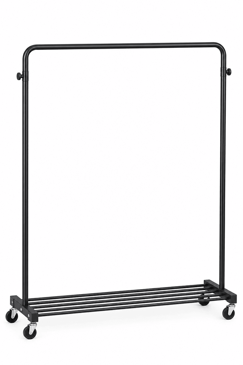 Black rolling clothes hanging rack with bottom shelf and caster wheels against a plain white background.