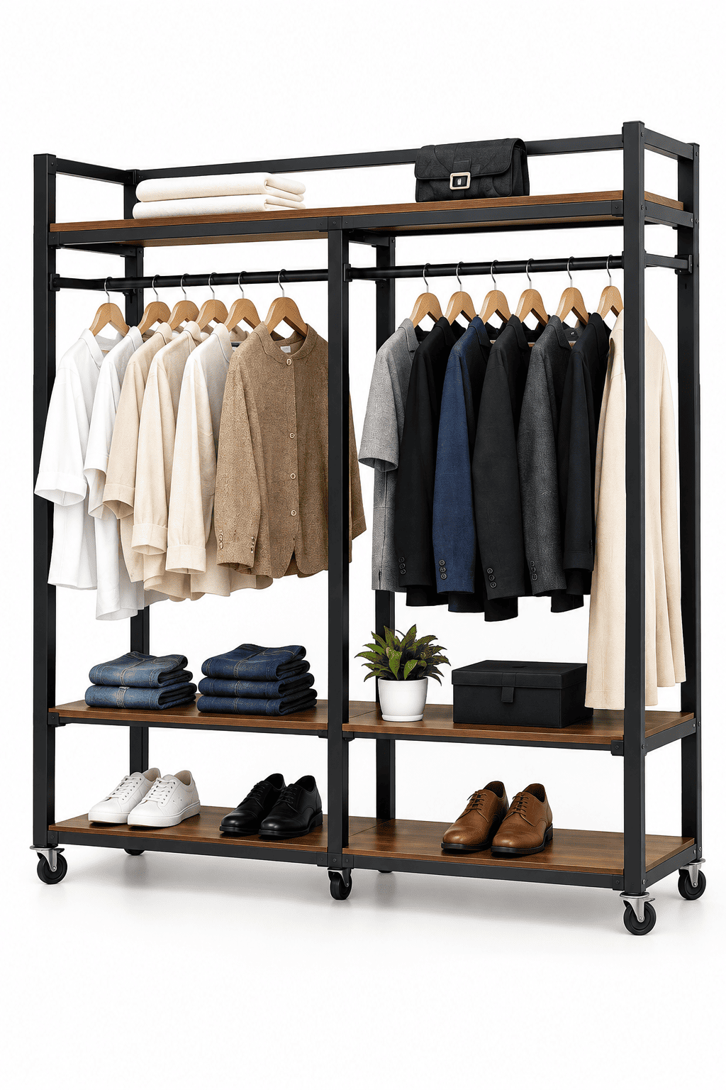 A black metal rolling closet organizer with wooden shelves, shown fully styled with folded and hanging clothes, shoes, and accessories on a white background.