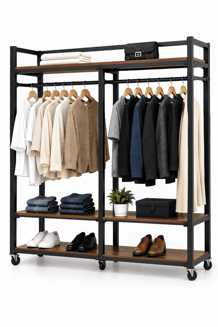 A black metal rolling closet organizer with wooden shelves, shown fully styled with folded and hanging clothes, shoes, and accessories on a white background.