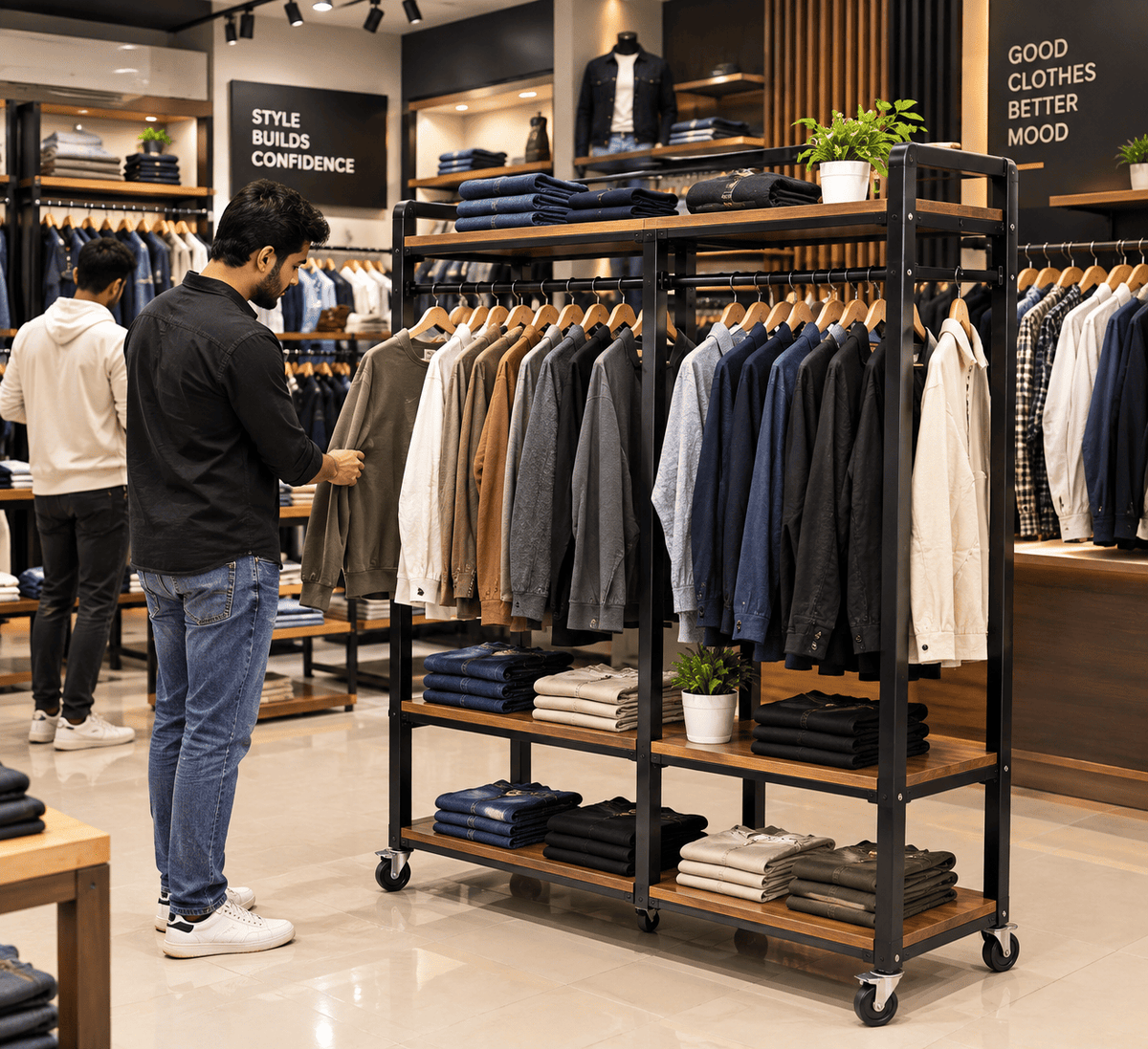 A black rolling clothing rack with wooden shelves and hangers, filled with folded and hanging shirts in a retail store. Two men are visible in the store, with one standing near the rack.
