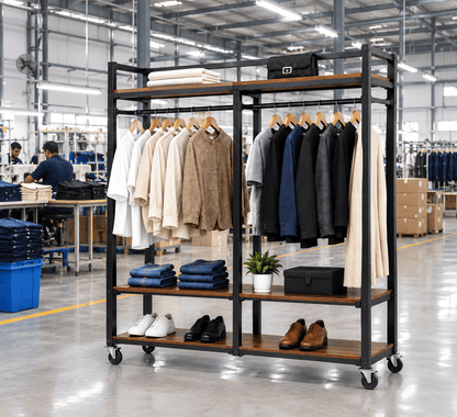 A large black metal and wood clothing rack on wheels, styled with various shirts, jackets, folded shirts, shoes, and accessories, set inside a bright, spacious warehouse showroom.