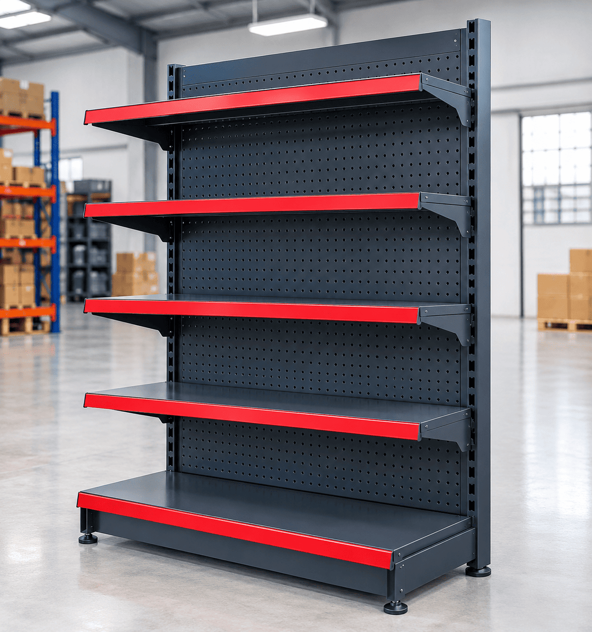 Gray retail display rack with red-edged shelves in a warehouse with stacked boxes in the background.