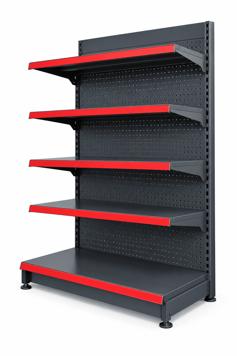 Gray retail display rack with red-edged shelves and pegboard backing against a plain white background.