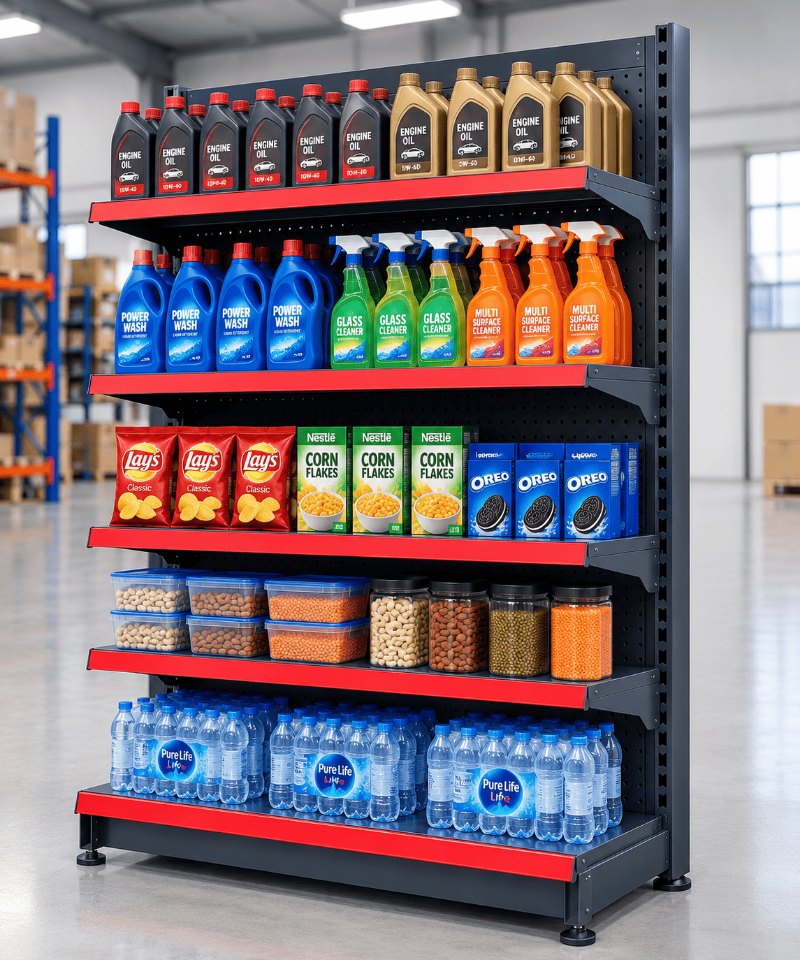 Gray retail display rack with red-edged shelves stocked with bottles, snacks, and grocery items.