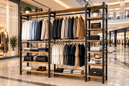 A clothing display rack in a modern, upscale shopping mall. The rack features a black metal frame with light brown wooden shelves and holds various men's clothing items including jackets, shirts, folded sweaters, and handbags, alongside decorative potted plants.