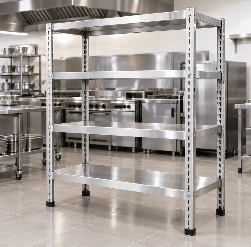 A four-tier stainless steel kitchen shelving unit with adjustable peg holes on the side rails, shown in a commercial kitchen environment.