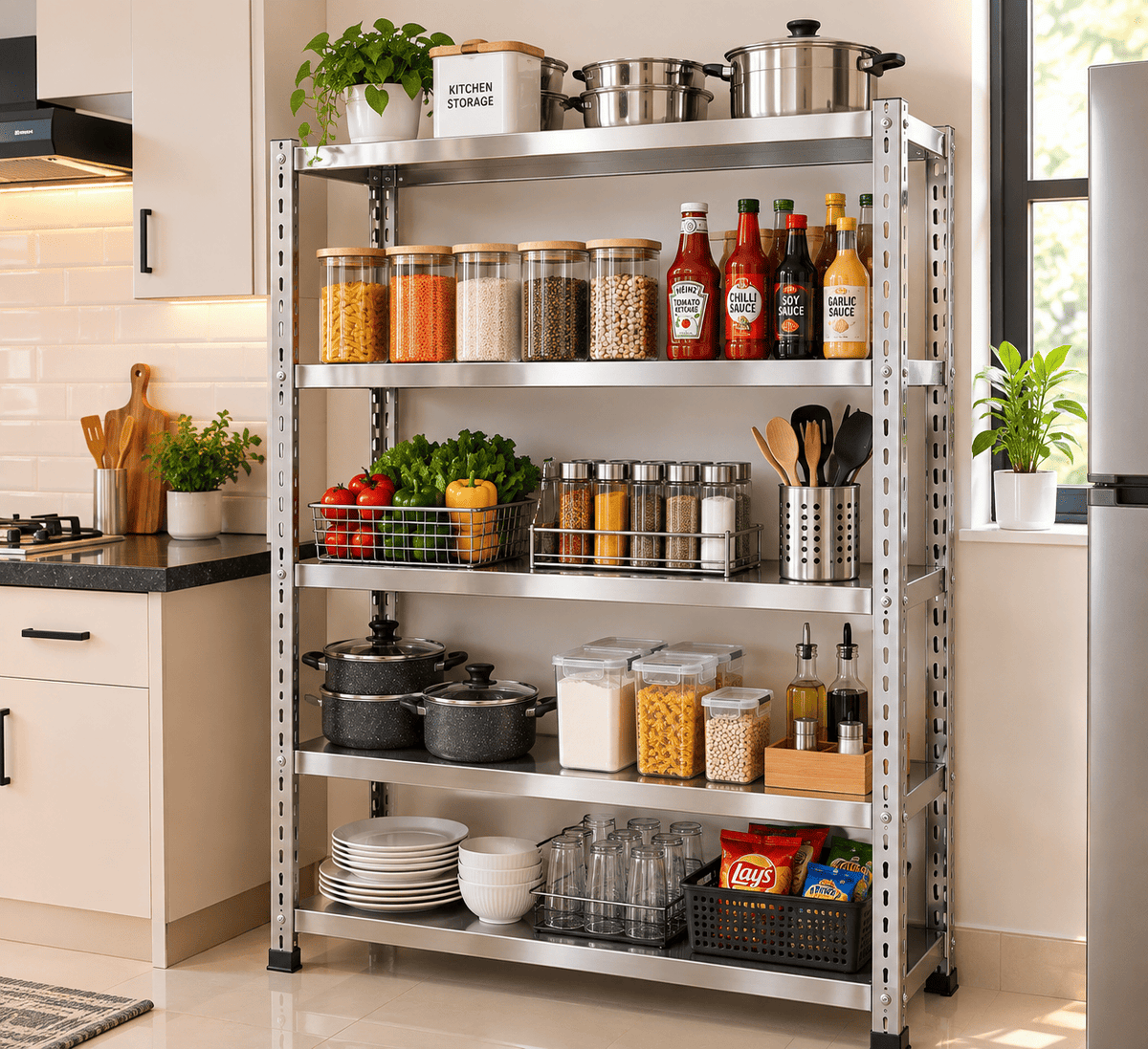 A tall, five-tier stainless steel kitchen organizer rack filled with jars, pots, plates, and condiments, set in a bright, modern kitchen.